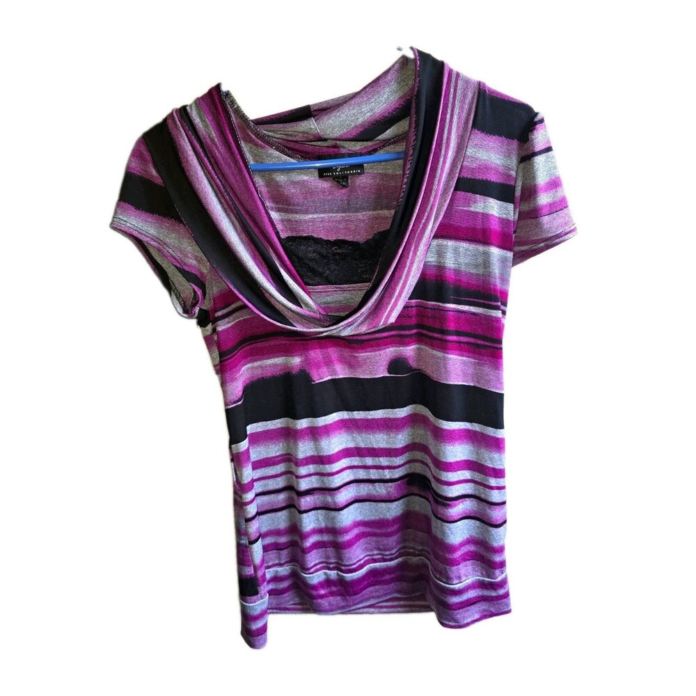 Byline Womens Pink Black Gray Striped Cowl Neck Lace Cap Sleeve Blouse L